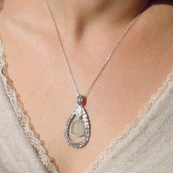 Pendant - Drop Shaped Sterling Silver & Sea Glass Pendant