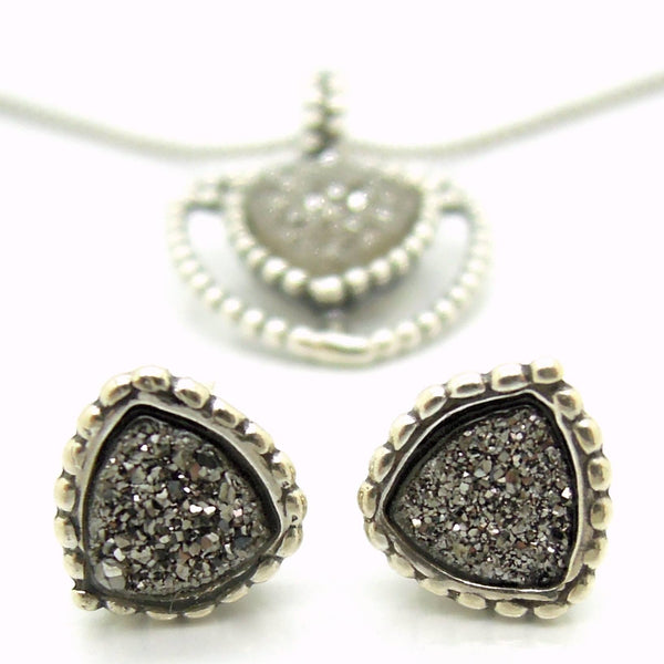 Pendant - Druzy Pendant Necklace Set In Sterling Silver, Triangle Shape