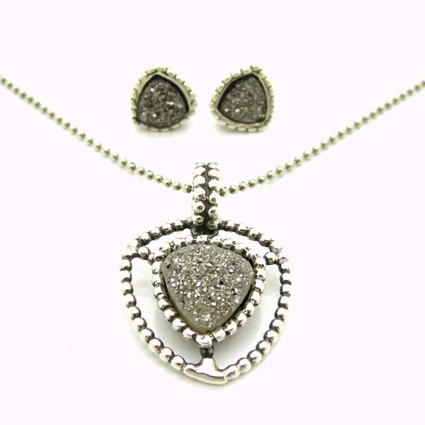 Pendant - Druzy Pendant Necklace Set In Sterling Silver, Triangle Shape