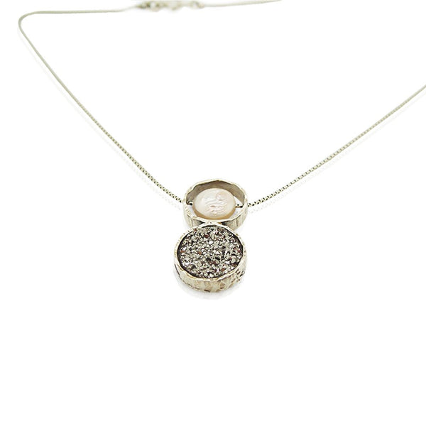 Pendant - Druzy Pendant Necklace Set In Sterling Silver With A White Pearl