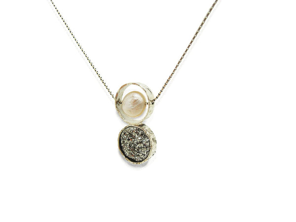 Pendant - Druzy Pendant Necklace Set In Sterling Silver With A White Pearl