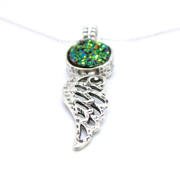 Pendant - Druzy Pendant Necklace With An Angel Wing