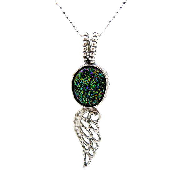 Pendant - Druzy Pendant Necklace With An Angel Wing