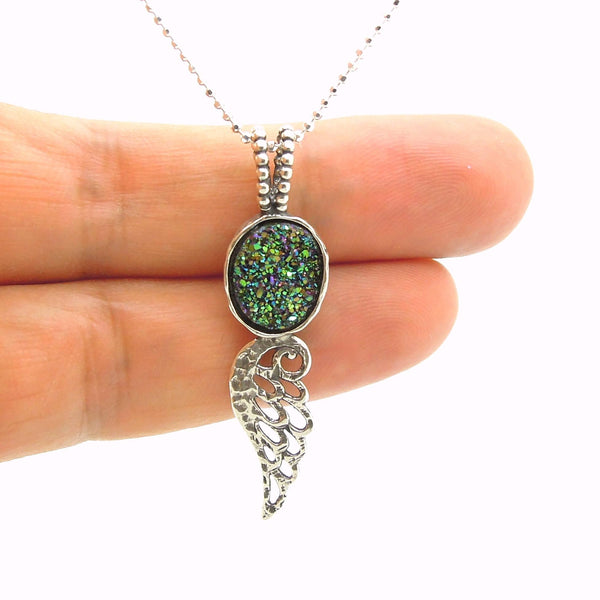 Pendant - Druzy Pendant Necklace With An Angel Wing