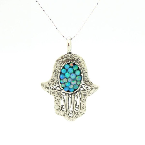 Pendant - Filigree Sterling Silver Hamsa Pendant With Mosaic Opal Stones