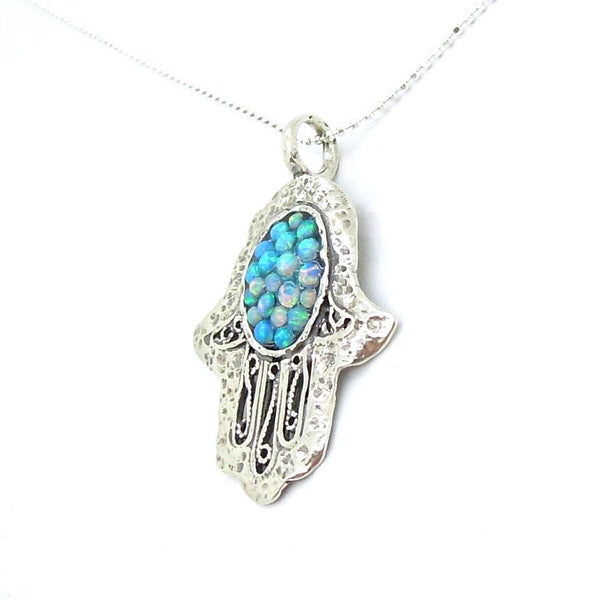 Pendant - Filigree Sterling Silver Hamsa Pendant With Mosaic Opal Stones