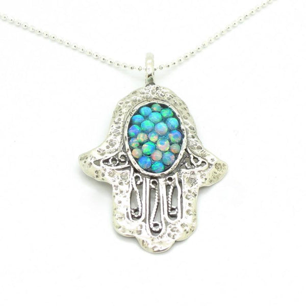 Pendant - Filigree Sterling Silver Hamsa Pendant With Mosaic Opal Stones