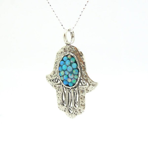 Pendant - Filigree Sterling Silver Hamsa Pendant With Mosaic Opal Stones