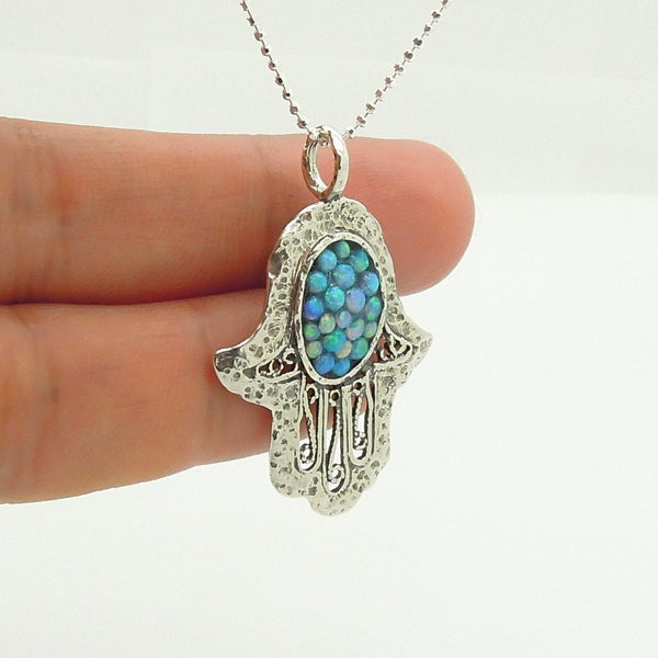 Pendant - Filigree Sterling Silver Hamsa Pendant With Mosaic Opal Stones