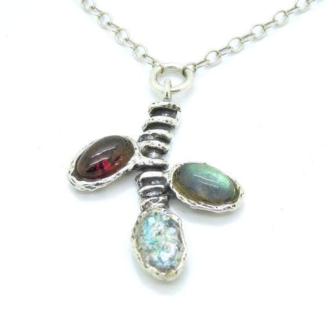 Pendant - Fruit Tree Branch Necklace With Garnet, Labradorite And Roman Glass