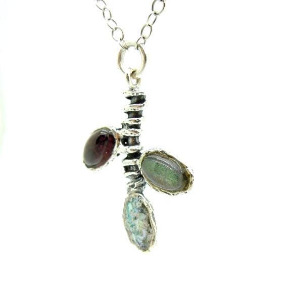 Pendant - Fruit Tree Branch Necklace With Garnet, Labradorite And Roman Glass