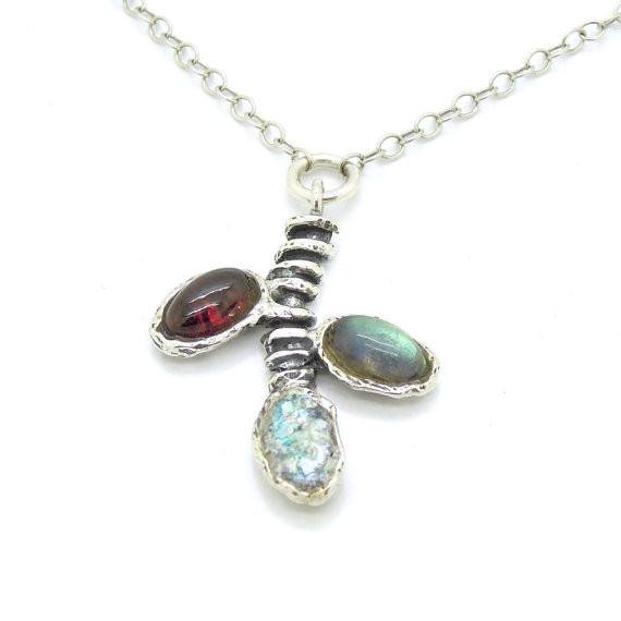 Pendant - Fruit Tree Branch Necklace With Garnet, Labradorite And Roman Glass