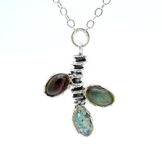 Fruit tree branch necklace with Garnet, Labradorite and Roman glass ...
