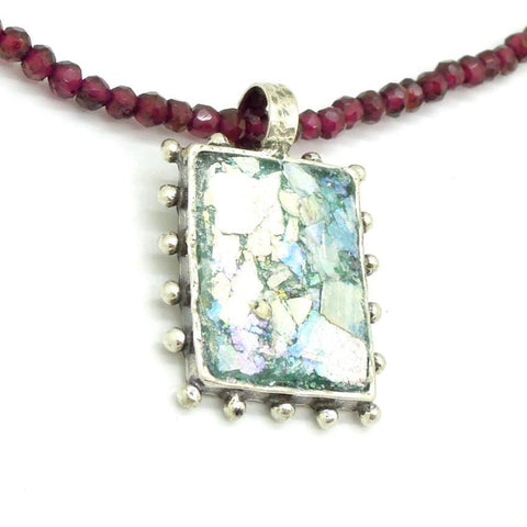Pendant - Garnet Bead Necklace With A Square Silver Pendant And Roman Glass