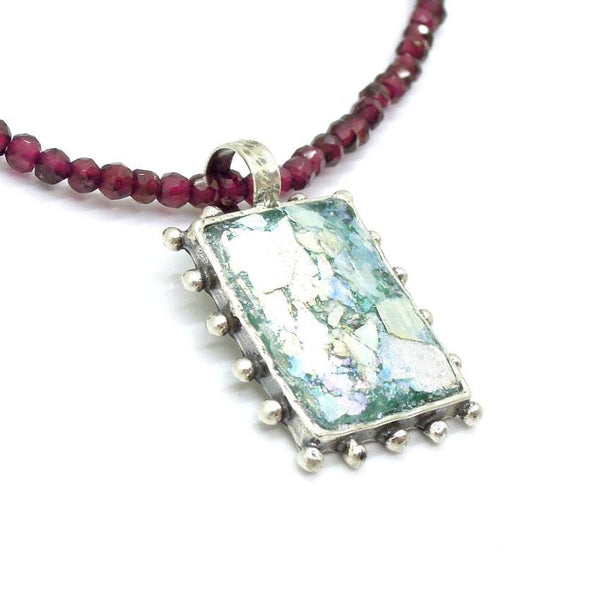 Pendant - Garnet Bead Necklace With A Square Silver Pendant And Roman Glass