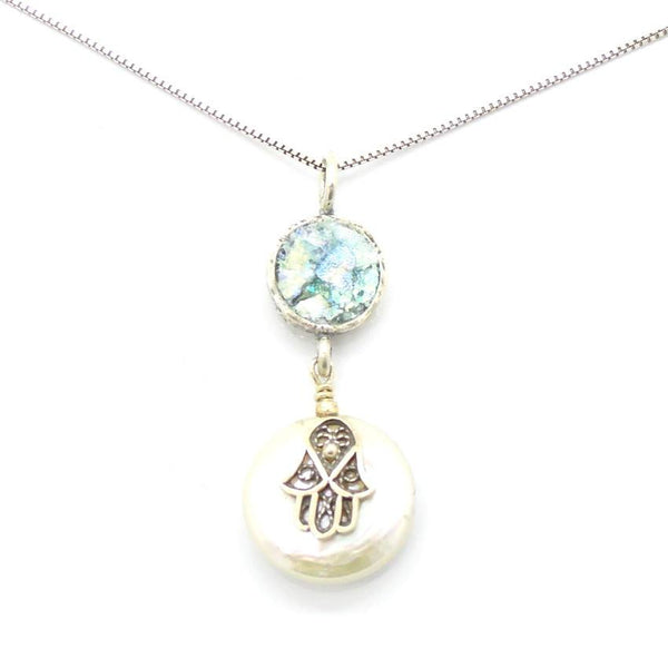 Pendant  - Hamsa Hand Pearl And Roman Glass Necklace