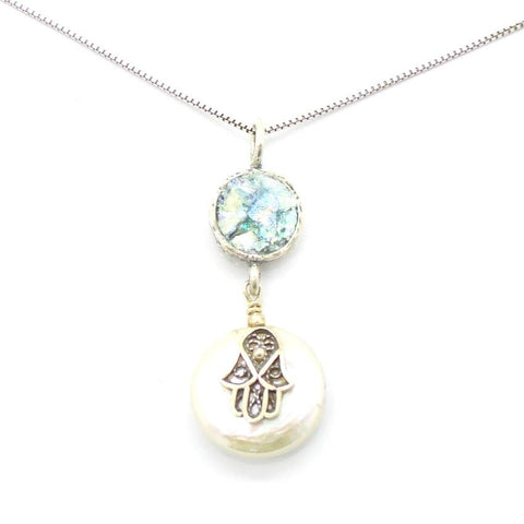 Pendant  - Hamsa Hand Pearl And Roman Glass Necklace