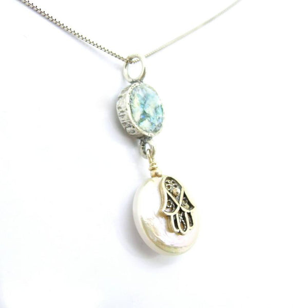 Pendant  - Hamsa Hand Pearl And Roman Glass Necklace