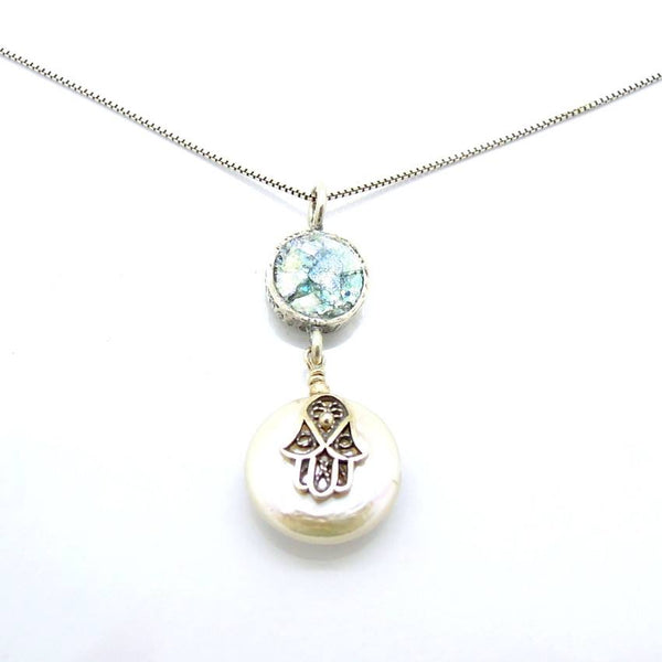 Pendant  - Hamsa Hand Pearl And Roman Glass Necklace