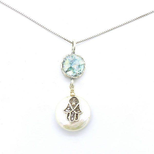 Pendant  - Hamsa Hand Pearl And Roman Glass Necklace