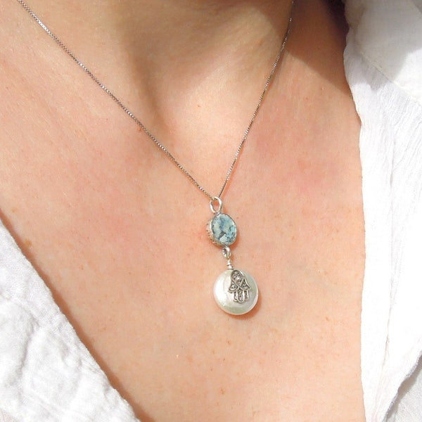 Pendant  - Hamsa Hand Pearl And Roman Glass Necklace
