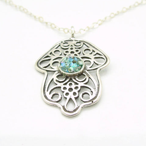 Pendant - Hamsa Pendant, Filigree Design, Silver Necklace With Roman Glass