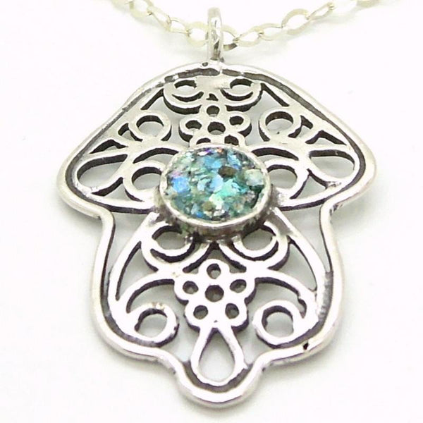 Pendant - Hamsa Pendant, Filigree Design, Silver Necklace With Roman Glass