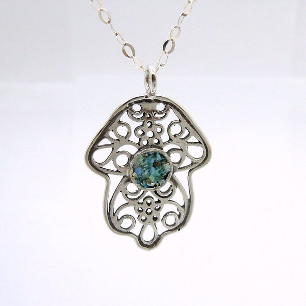 Pendant - Hamsa Pendant, Filigree Design, Silver Necklace With Roman Glass
