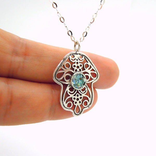 Pendant - Hamsa Pendant, Filigree Design, Silver Necklace With Roman Glass