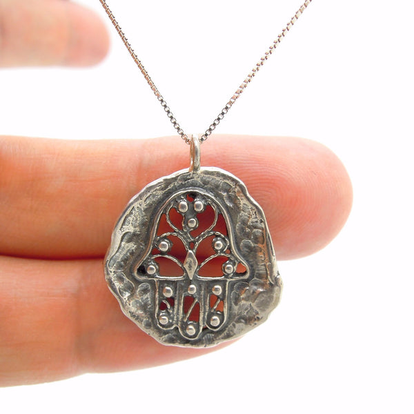 Pendant - Hamsa Pendant, Filigree Design, Sterling Silver Metalwork