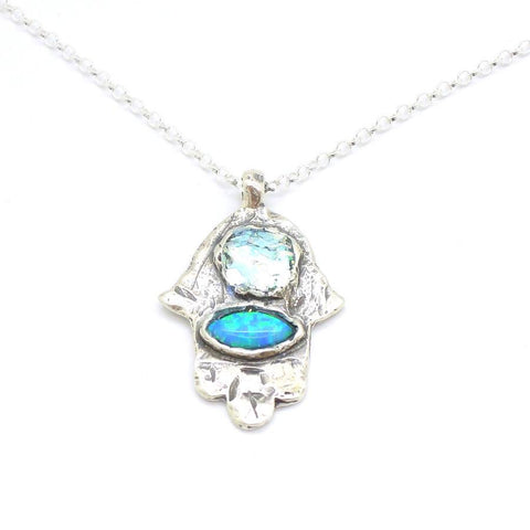 Pendant  - Hamsa Silver Pendant With Roman Glass And Opal