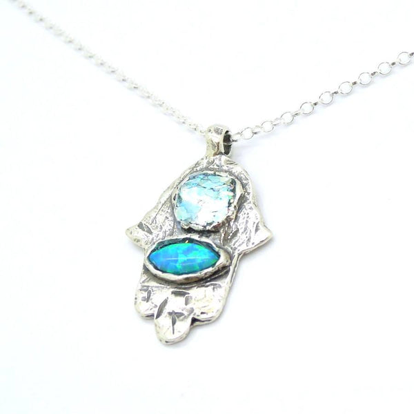 Pendant  - Hamsa Silver Pendant With Roman Glass And Opal