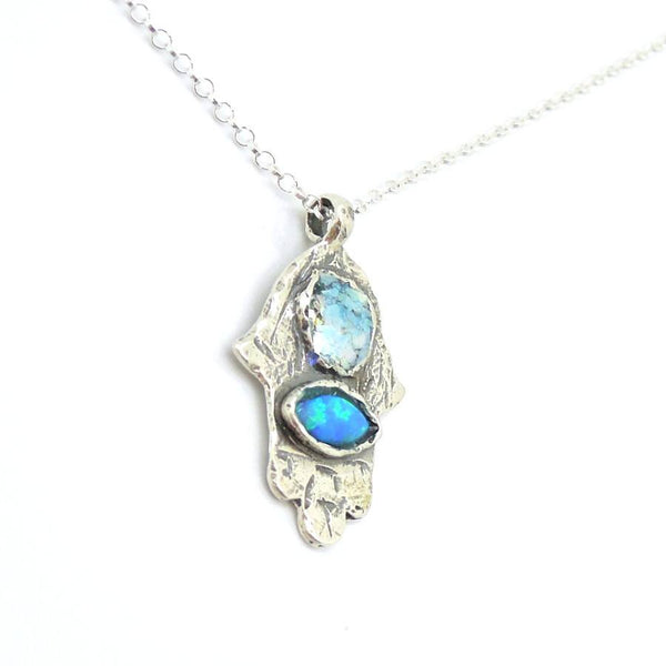 Pendant  - Hamsa Silver Pendant With Roman Glass And Opal