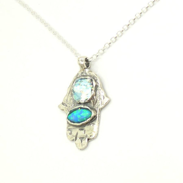 Pendant  - Hamsa Silver Pendant With Roman Glass And Opal