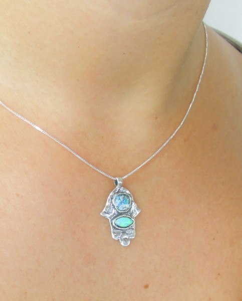 Pendant  - Hamsa Silver Pendant With Roman Glass And Opal