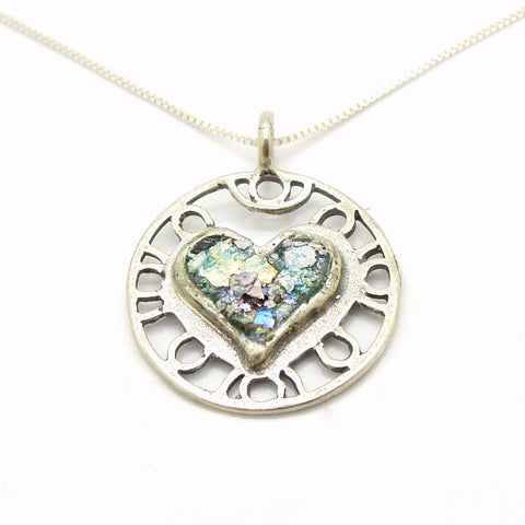 Pendant - Heart Necklace Pendant, Filigree Design With Roman Glass