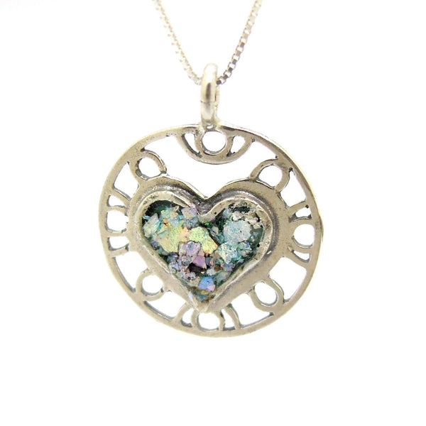 Pendant - Heart Necklace Pendant, Filigree Design With Roman Glass