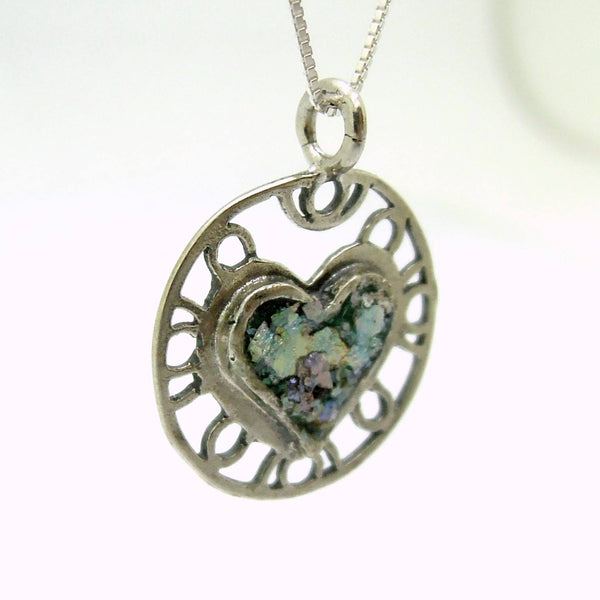 Pendant - Heart Necklace Pendant, Filigree Design With Roman Glass