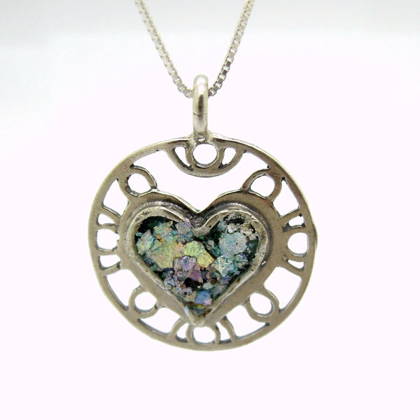 Pendant - Heart Necklace Pendant, Filigree Design With Roman Glass