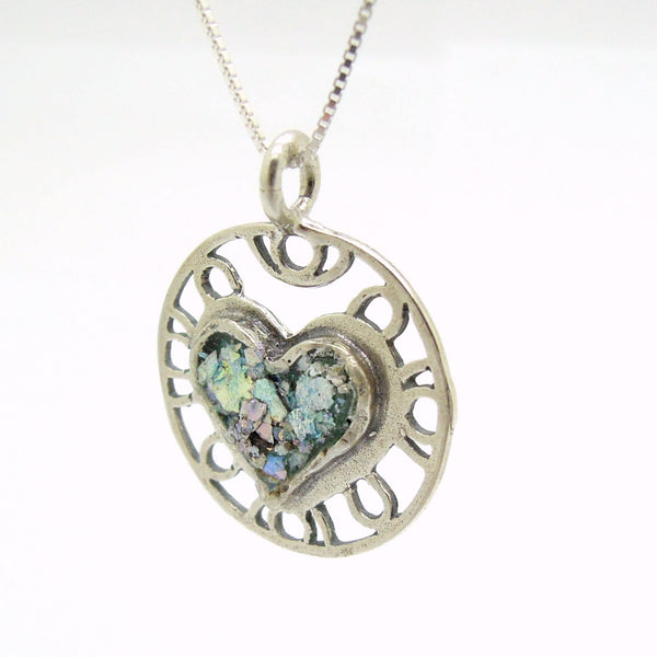 Pendant - Heart Necklace Pendant, Filigree Design With Roman Glass