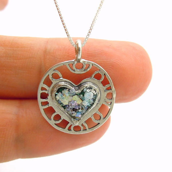 Pendant - Heart Necklace Pendant, Filigree Design With Roman Glass