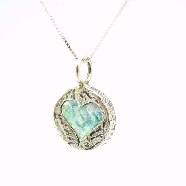 Pendant - Heart Necklace Pendant, Hammered Silver With Roman Glass