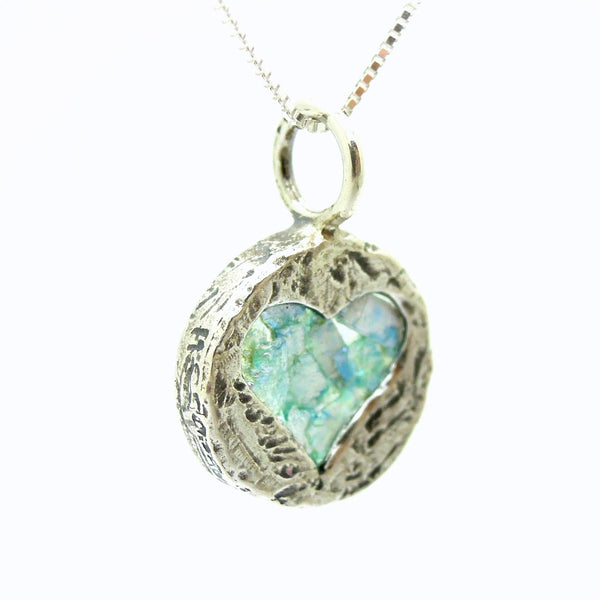 Pendant - Heart Necklace Pendant, Hammered Silver With Roman Glass