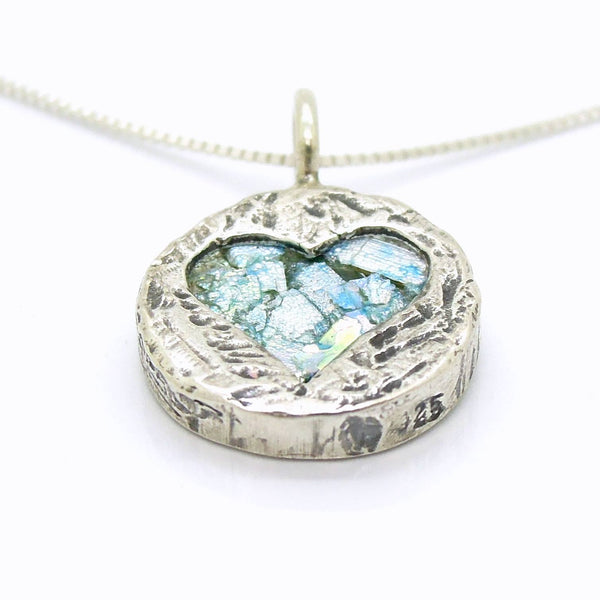 Pendant - Heart Necklace Pendant, Hammered Silver With Roman Glass