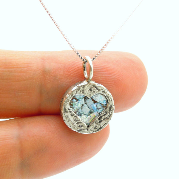 Pendant - Heart Necklace Pendant, Hammered Silver With Roman Glass