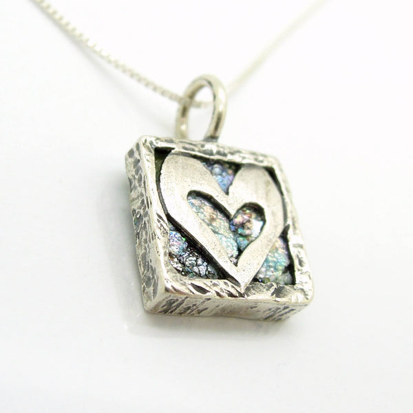 Pendant - Heart Necklace Pendant, Set In Silver & Roman Glass