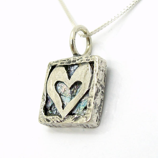 Pendant - Heart Necklace Pendant, Set In Silver & Roman Glass