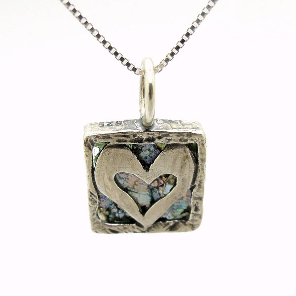 Pendant - Heart Necklace Pendant, Set In Silver & Roman Glass