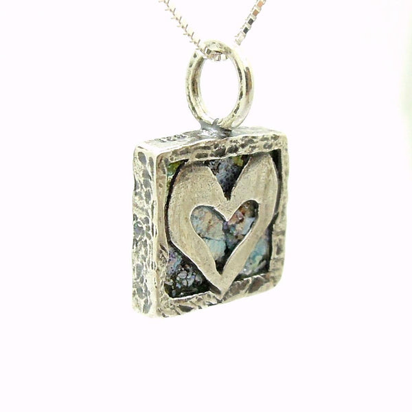 Pendant - Heart Necklace Pendant, Set In Silver & Roman Glass