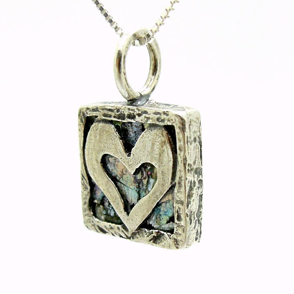 Pendant - Heart Necklace Pendant, Set In Silver & Roman Glass